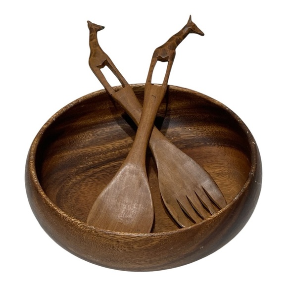 Vintage MCM Monkey pod 10” Wooden Salad Bowl & Tossers - Picture 2 of 9